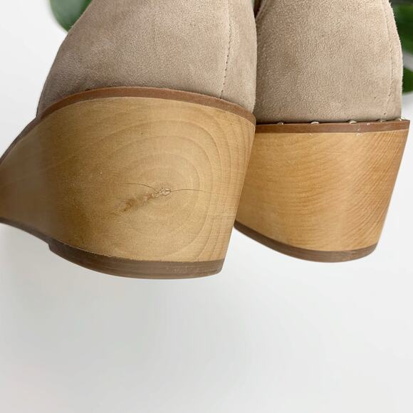 Steve Madden Kenmar Wood Wedge Sandals Ankle Strap Tan Faux Suede Women's 9.5 - Picture 11 of 12